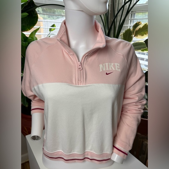 Nike Tops - Nike Pink & White Cropped Quarter Zip Sweatshirt